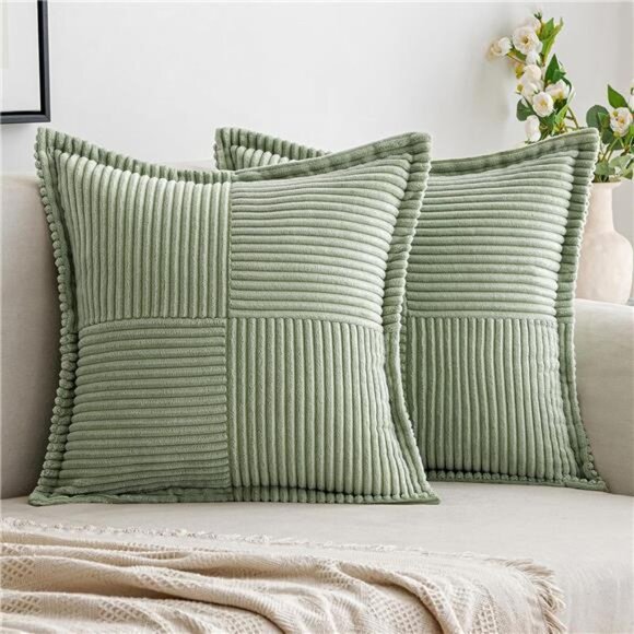 Set of 2 Sage Green Corduroy Pillow Covers,18x18 Boho Striped Decorative Cushion - Picture 1 of 14